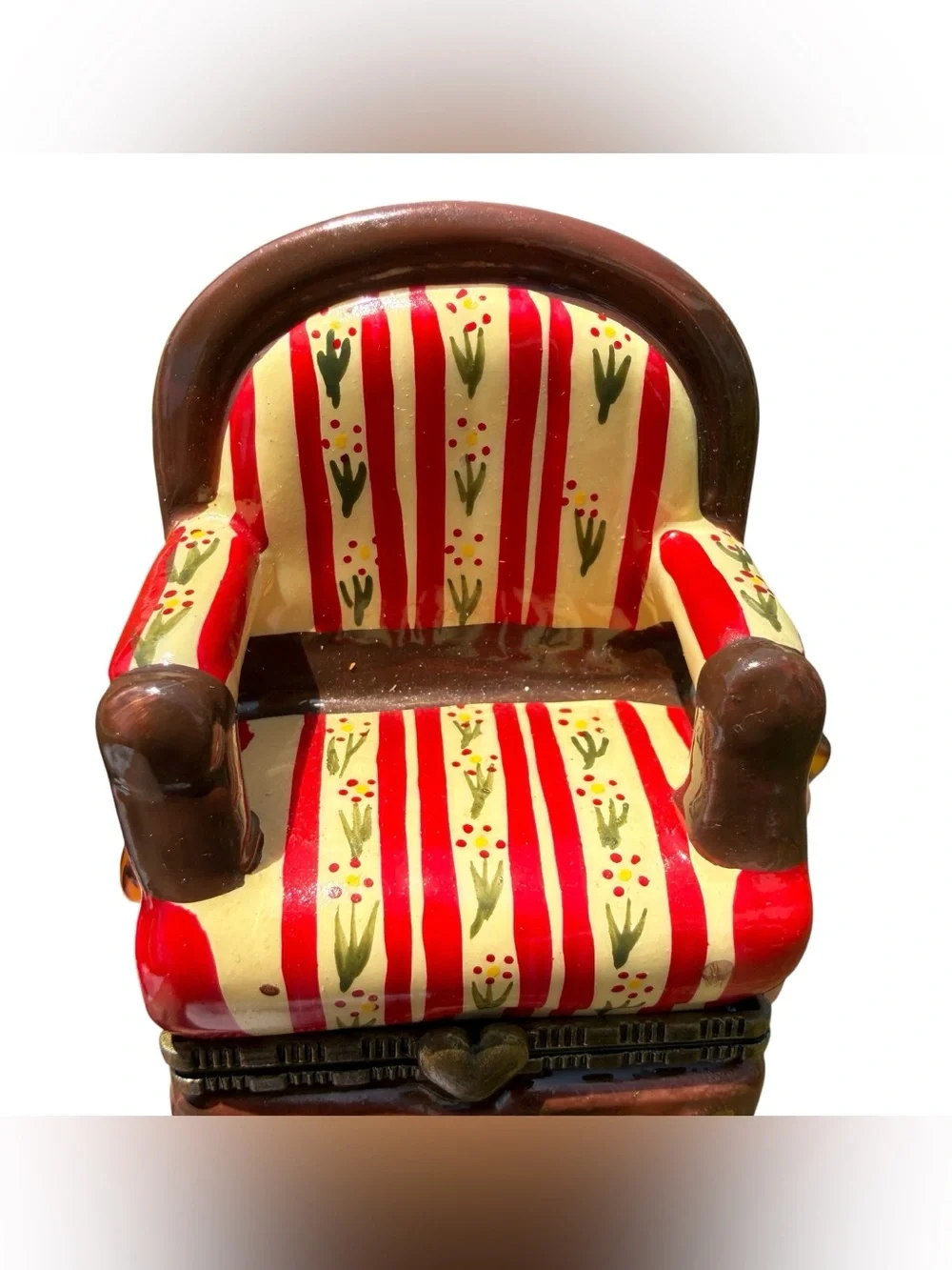 Vintage Armchair Trinket Box Chair Shaped Hinged Jewelry Box Ceramic Keepsake 4”